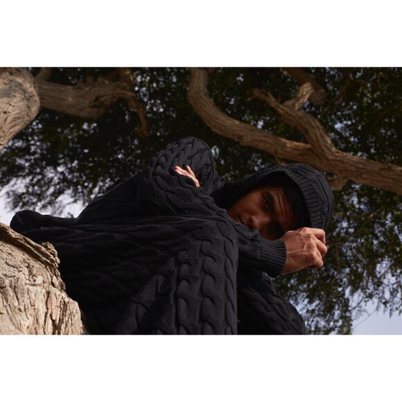 REUBEN OLIVER Pima Cotton Cable Knit Hoodie in Black - Picture 4 of 6